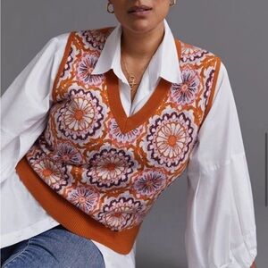 Maeve Anthropologie Jacquard Floral Sweater Vest Copper Medallion Size 3X Plus